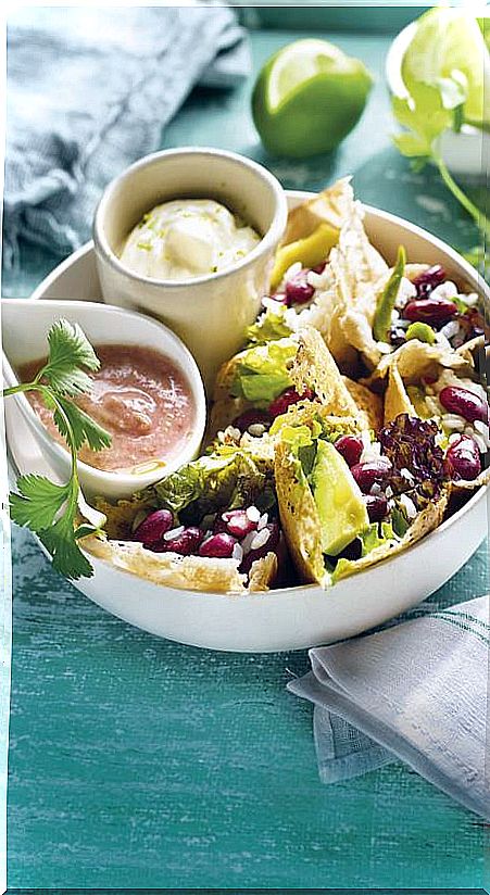 Buckwheat wrap with avocado, rice and beans